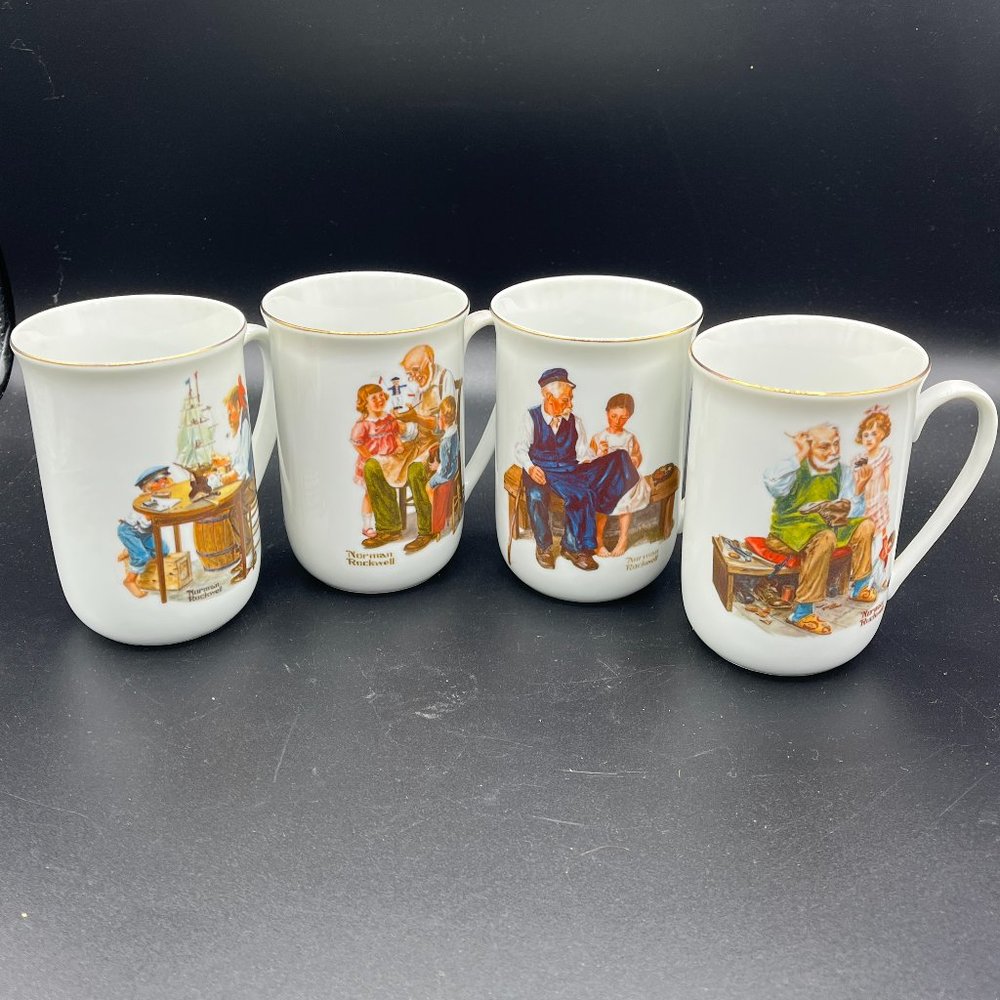 1982 Normal Rockwell Museum Mugs x4 - Cobbler, Toymkaer, Good Boy, Lighthouse...